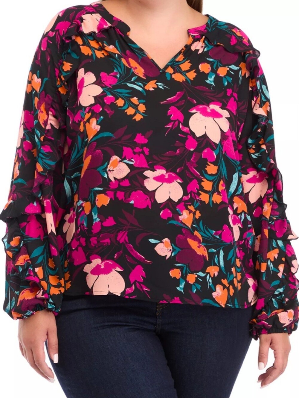 Wonderly Black Floral Ruffle Sleeve Split Neck Blouse size 1X